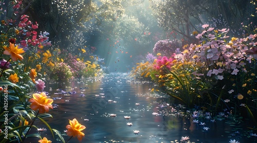 A beautiful  colorful garden with a river running through it
