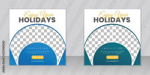 Set of two adventure travel poster templates. Dream vacation explore now. Travel agency world tour pack template, social media web banner design, Instagram holiday offer post