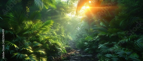 Pathway in the jungle with palm trees and sunlight. Beautiful tropical jungle landscape with sunlight in the morning