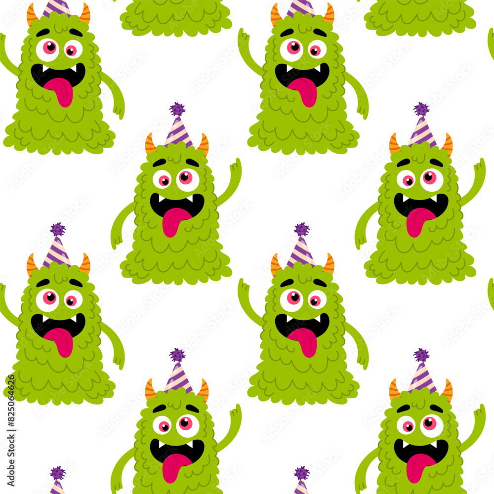 Obraz premium Pattern for textile, wrapping paper, background. Funny green monster in flat style on a white background. Kids cartoon character.