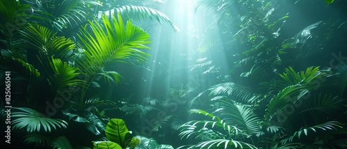 Tropical rainforest with lush green leaves and sunlight shining through. Tropical jungle background with green leaves and sunbeams