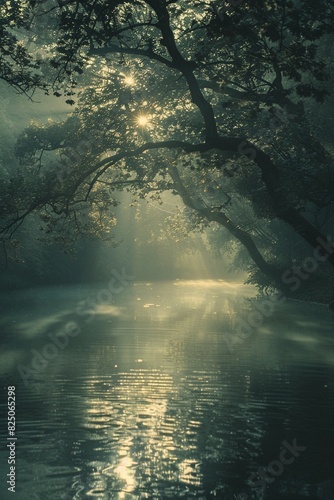 Mystical foggy forest river with sun rays shining through the trees