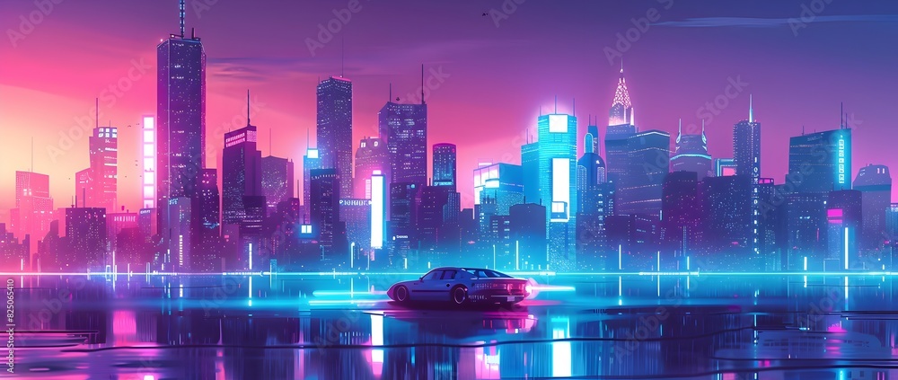 Futuristic Cityscape with Towering Skyscrapers Hovering Vehicles and Neon Lit Holographic Displays