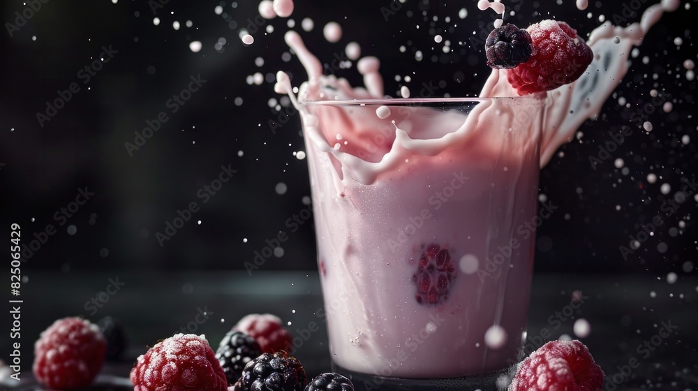 Mulberry milk splashing out of glass with black background Mulberry milk splashing out of glass with black background