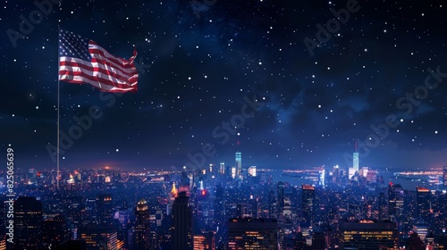 Patriotic american flag over vibrant city lights skyline for independence day celebrations