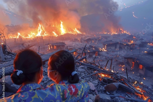 Two girls watch a village burn. photo