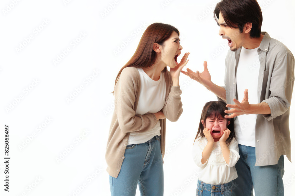 Parents Yelling At Crying Child Isolated on white background copy space Parents Yelling At Crying Child Isolated on white background copy space