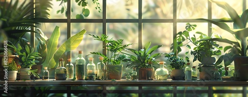 A glass counter with many plants and laboratory bottles on it, behind the window of an organic garden, blurred background, with a high resolution, concept art style, using a green color palette, in th