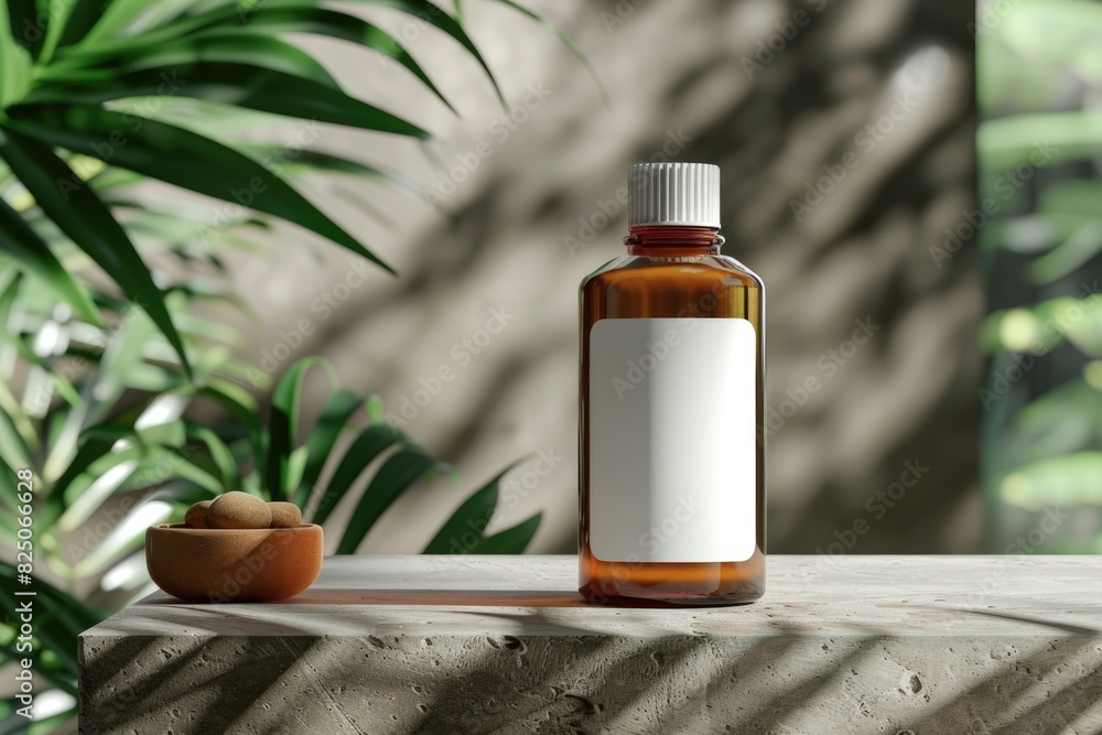 Amber Glass Bottle with Blank Label on Natural Background Amber Glass Bottle with Blank Label on Natural Background