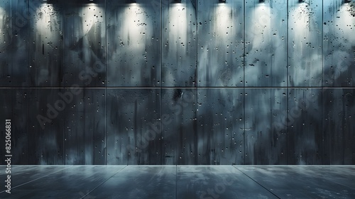 A large concrete wall with lighting from above, creating an industrial atmosphere. The grey textured wall is illuminated by bright lights that cast shadows on its surface.
 photo