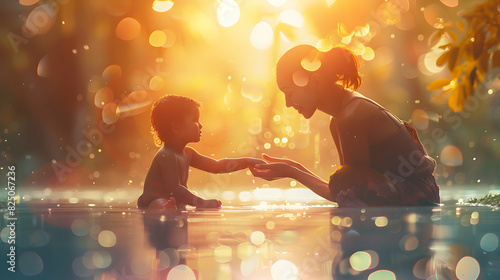 Glossy Mum and Kid Play: Joyful Bond Connection in Digital Art Authentic and Realistic Photo Stock Concept Illustrating the Joy and Connection Between Mother and Child