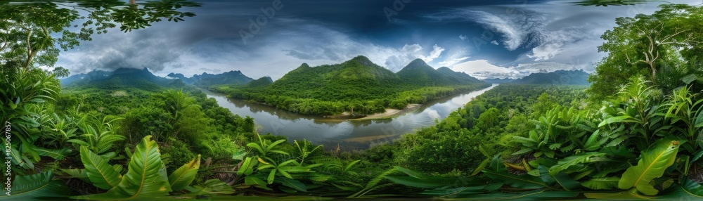 Panoramic view of majestic mountains reflected in a serene river surrounded by lush green rainforest under a dramatic sky. Panoramic view of majestic mountains reflected in a serene river surrounded by lush green rainforest under a dramatic sky.