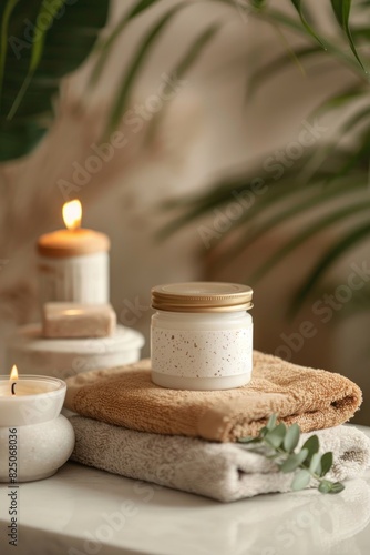 Serene Spa Ambiance with Scented Candles and Skincare Products
