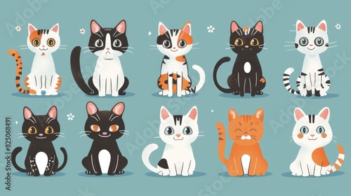 Charming Collection of Cartoon Cats in Various Poses and Patterns © Anastasiia