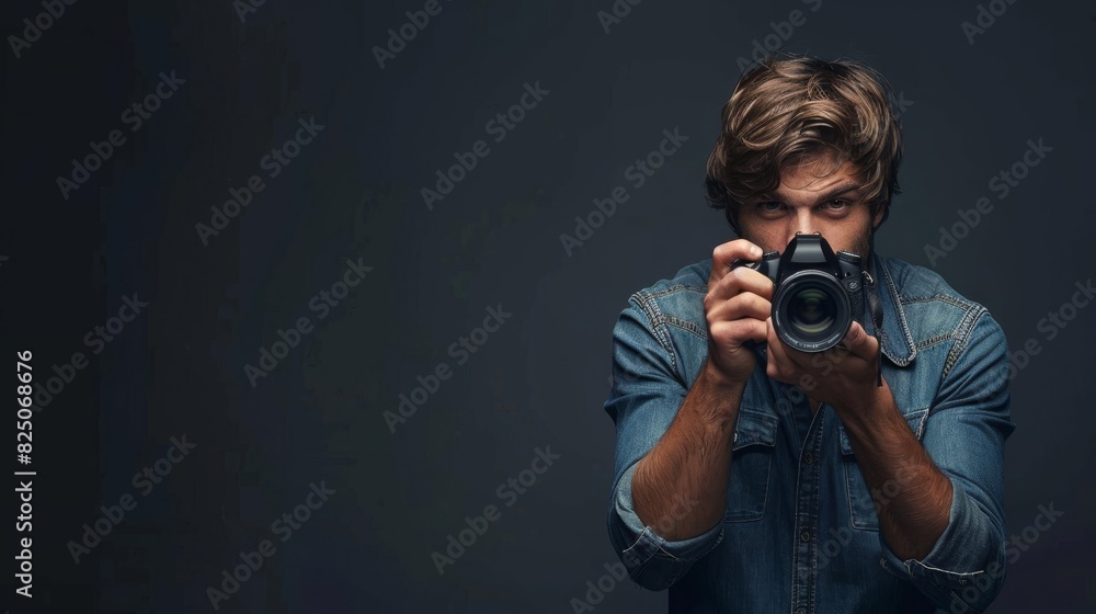 A young male photographer is taking a picture of the camera. He is wearing a blue shirt and has brown hair. He is looking at the camera with a serious expression. A young male photographer is taking a picture of the camera. He is wearing a blue shirt and has brown hair. He is looking at the camera with a serious expression.