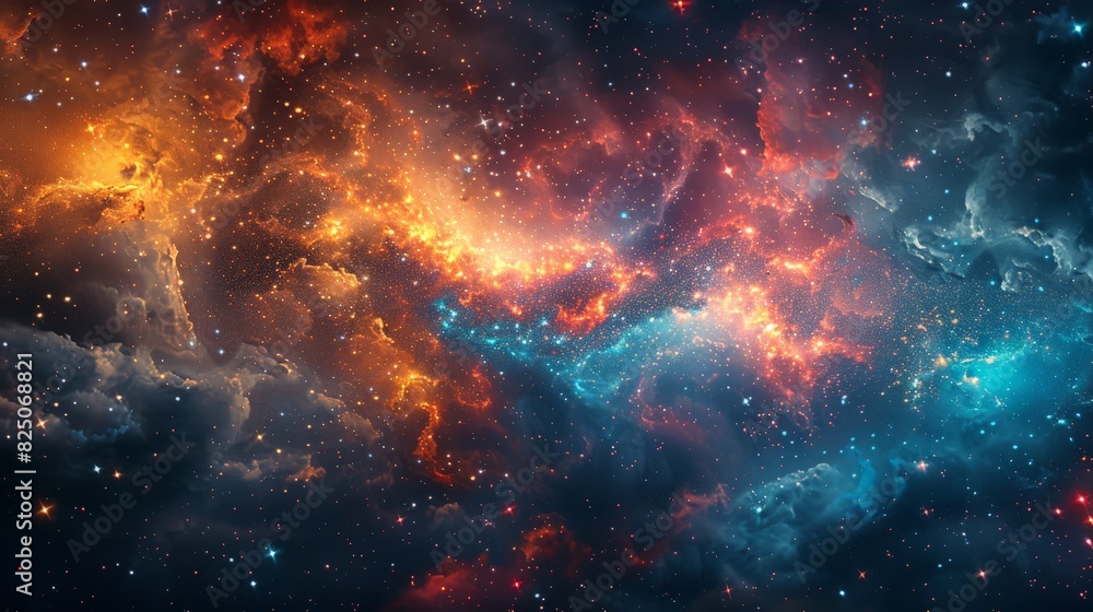 Fototapeta premium An abstract space piece emphasizing the vast emptiness of the universe, punctuated by isolated stars and galaxies that provide a sense of scale and grandeur.