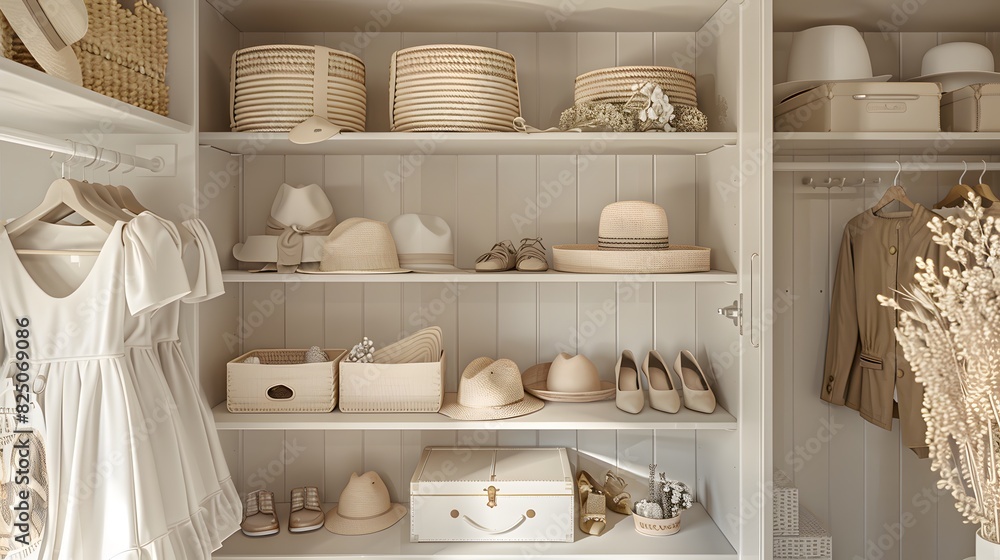 An elegant and organized closet, with white shelves filled with neutral colors like beige or light grey, surrounded by neatly arranged shoes and hats.
