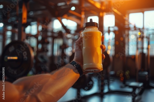 Man holding protein shake bottle in a gym, emphasizing fitness and post-workout nutrition photo