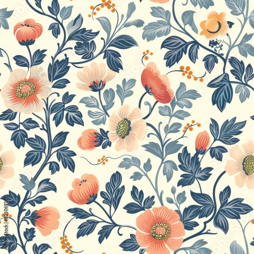 1920s Garden Party Floral Seamless Pattern with Full-Bloom Flowers  
