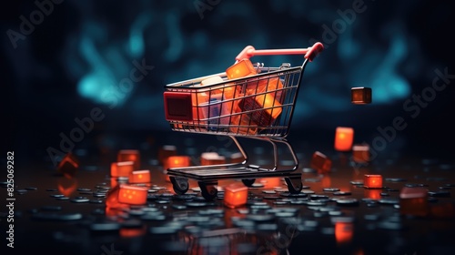 Digital Shopping Cart Overflowing with Glowing Cyber Monday Sale Icons