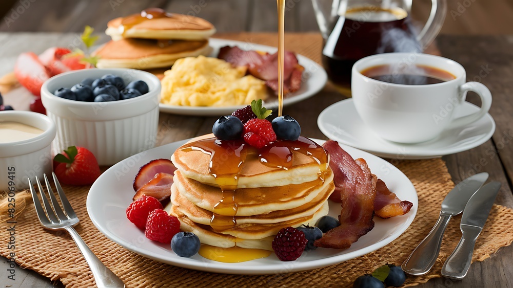 A picturesque scene of a farm-fresh breakfast spread featuring golden pancakes topped with fresh berries and maple syrup. Generative AI A picturesque scene of a farm-fresh breakfast spread featuring golden pancakes topped with fresh berries and maple syrup. Generative AI