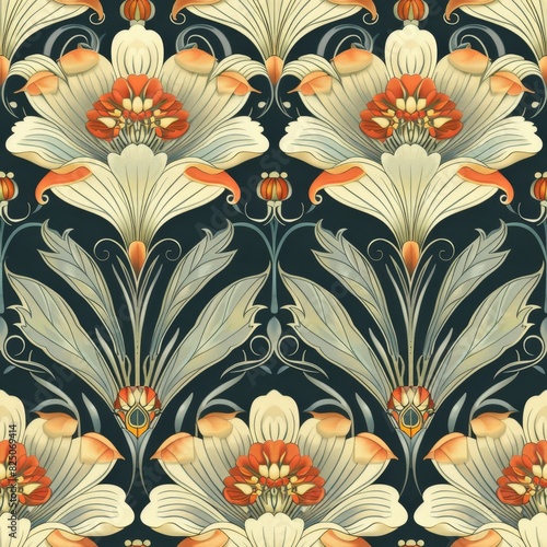 1920s Vintage Floral Seamless Pattern with Art Deco Influence


