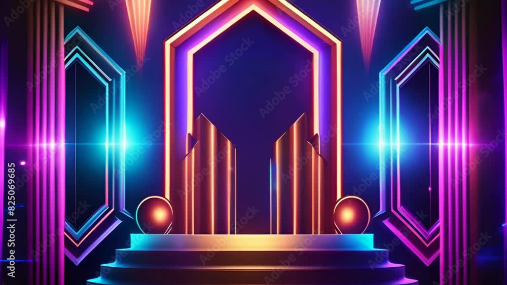 Abstract geometric background with colorful glowing neon appear and podium for product presentation. Led lamp. Fluorescent ultraviolet, colorful lighting. Technology, 4K. 3d loop animation
Abstract geometric background with colorful glowing neon appear and podium for product presentation. Led lamp. Fluorescent ultraviolet, colorful lighting. Technology, 4K. 3d loop animation