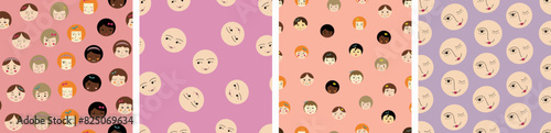 Pack of four patterns, handsome girlish faces. Childish backdrop design, female countenance, simple print for fabric, packaging.