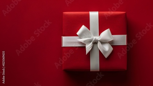 Red gift box with white ribbon and bow. © asma