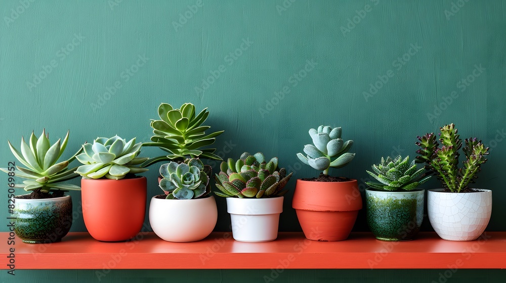 Potted plants arranged in a line on an orange shelf against a green wall, with each pot containing different types and sizes of succulents or cacti.
Potted plants arranged in a line on an orange shelf against a green wall, with each pot containing different types and sizes of succulents or cacti.