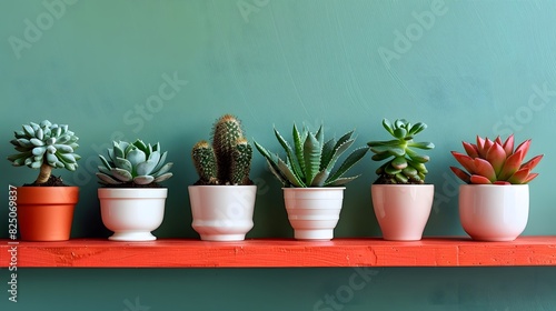 Potted plants arranged in a line on an orange shelf against a green wall, with each pot containing different types and sizes of succulents or cacti. 