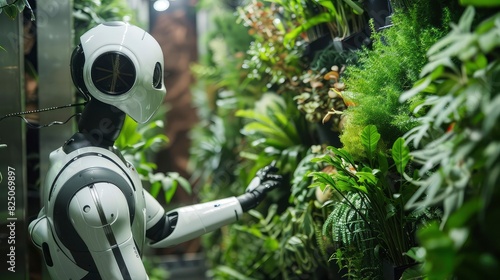 An advanced autonomous robot is pictured monitoring lush green plants in a futuristic vertical indoor farm. generative ai 