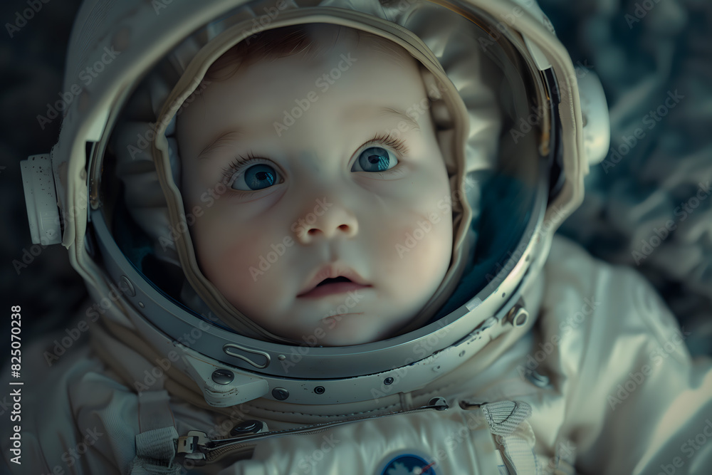 Baby child in a spacesuit, an astronaut, looks fascinated around in space at the stars, planet Earth. Baby child in a spacesuit, an astronaut, looks fascinated around in space at the stars, planet Earth.