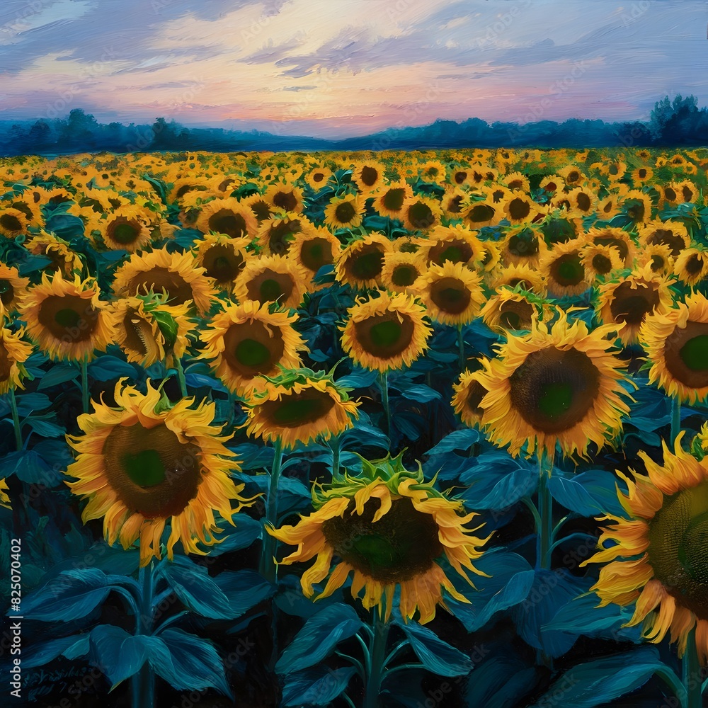 Obraz premium Golden Sunset Over Sunflower Field Tranquil Nature Landscape