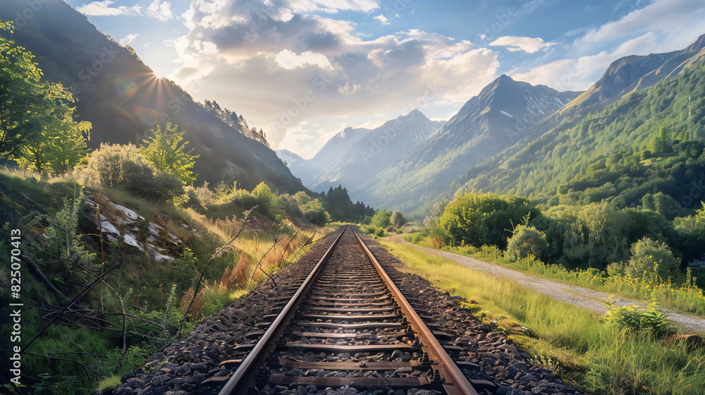 Fototapeta premium Railway tracks leading through picturesque mountains on a sunny day. Symbolizes adventure, freedom, and the beauty of nature. Ideal for campaigns focused on travel, railways, and outdoor adventures