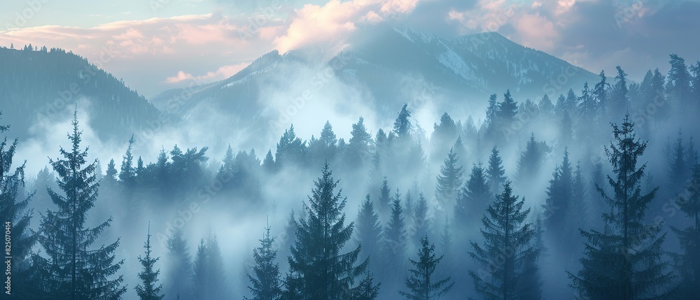 Obraz premium Panoramic view of misty coniferous forest on mountain slopes