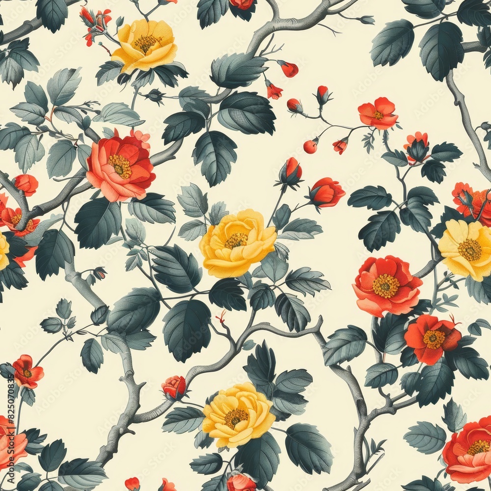 19th-Century Botanical Seamless Pattern with Vintage Floral Illustrations

