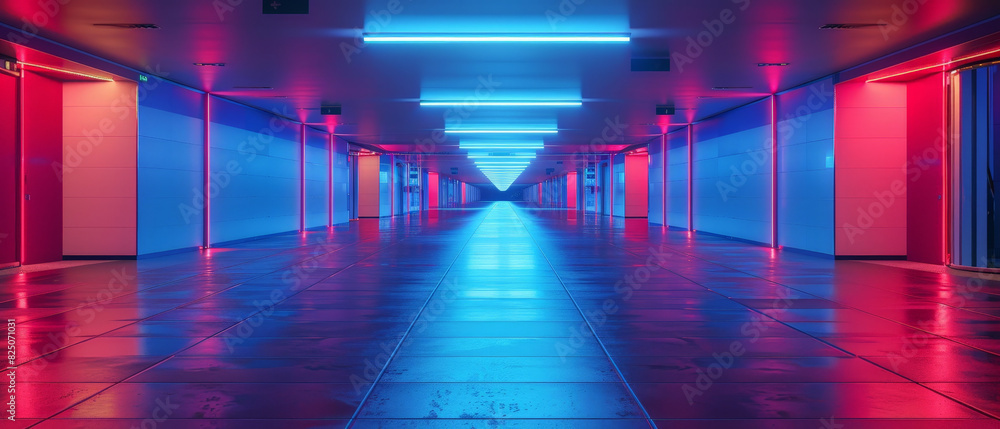 Fototapeta premium An empty, long corridor bathed in neon light, with a single vanishing point at the distant end