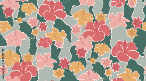 Seamless tropical flowers and abstract shapes. Vector seamless pattern of hibiscus flowers composition. Aesthetic contemporary  textile background in retro groovy style.
