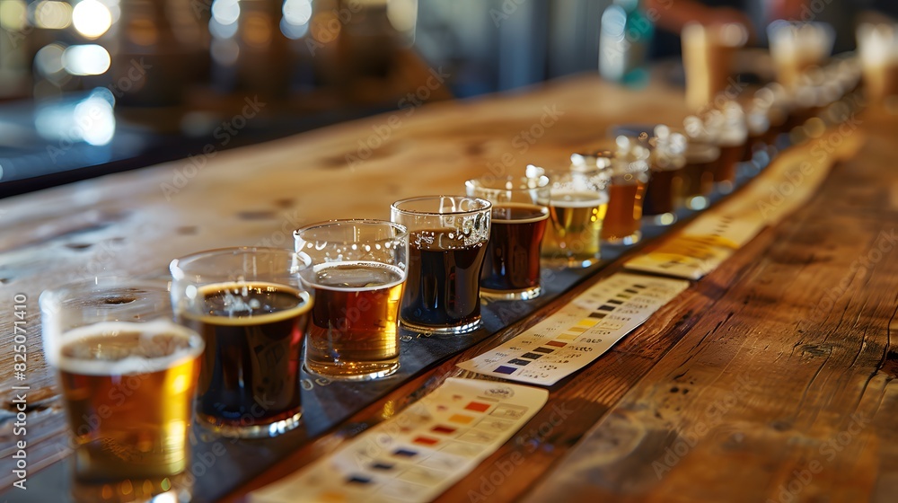 Coffee samples in small glasses arranged on a long wooden table, with labels and graphs for beer tasting notes beside them.
