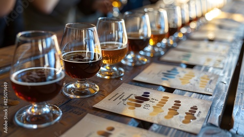 Coffee samples in small glasses arranged on a long wooden table  with labels and graphs for beer tasting notes beside them. 