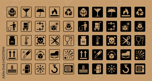 Vector icon set featuring diverse packaging labels. Includes fragile, handle with care, recyclable, and more. Perfect for product packaging, shipping, and logistics designs. High-quality and versatile