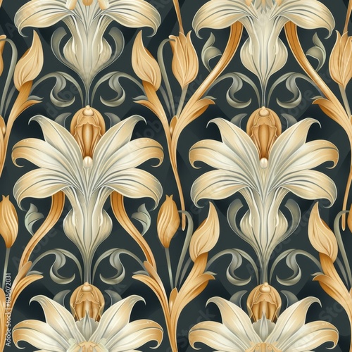 Art Nouveau Seamless Pattern with Flowing Natural Forms


