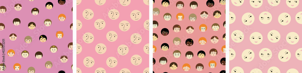 Collection of four patterns, sweet girlish faces. Bright art background, women countenance, vector illustration in simple flat style. Collection of four patterns, sweet girlish faces. Bright art background, women countenance, vector illustration in simple flat style.