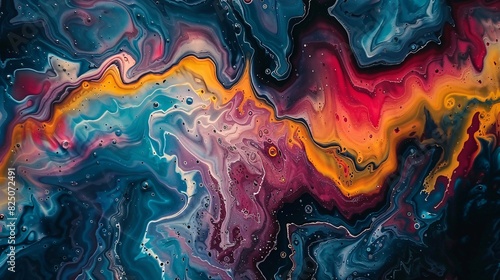 a dynamic abstract painting with liquid marbling, emphasizing a rich mix of bright acrylic colors and fluid textures photo