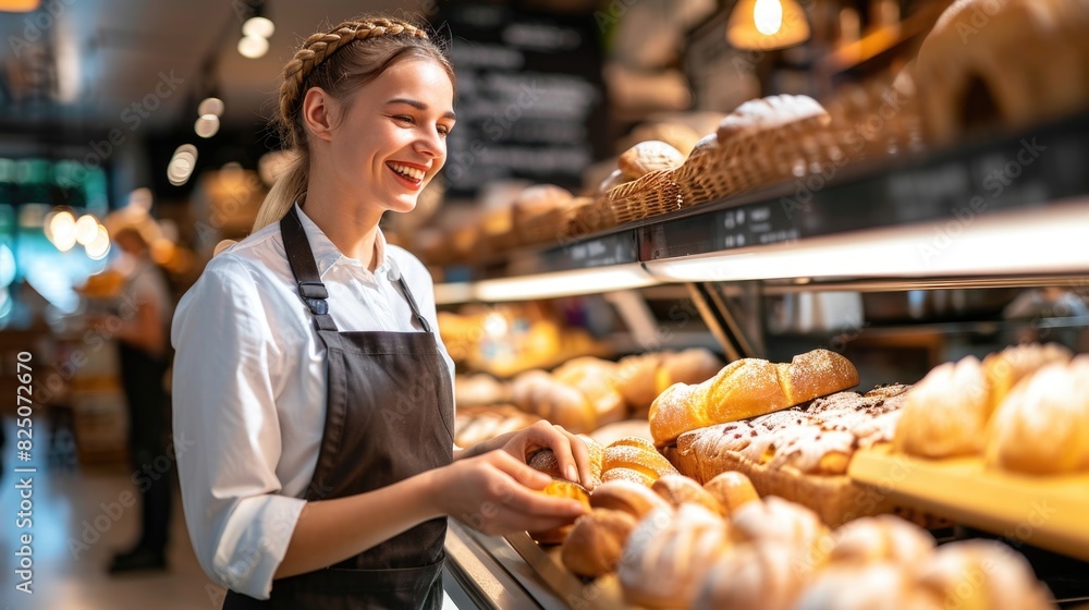 A smiling woman in a white shirt and black apron is shopping for bread at a bakery. She is holding a loaf of bread in her hand and she is in a happy mood