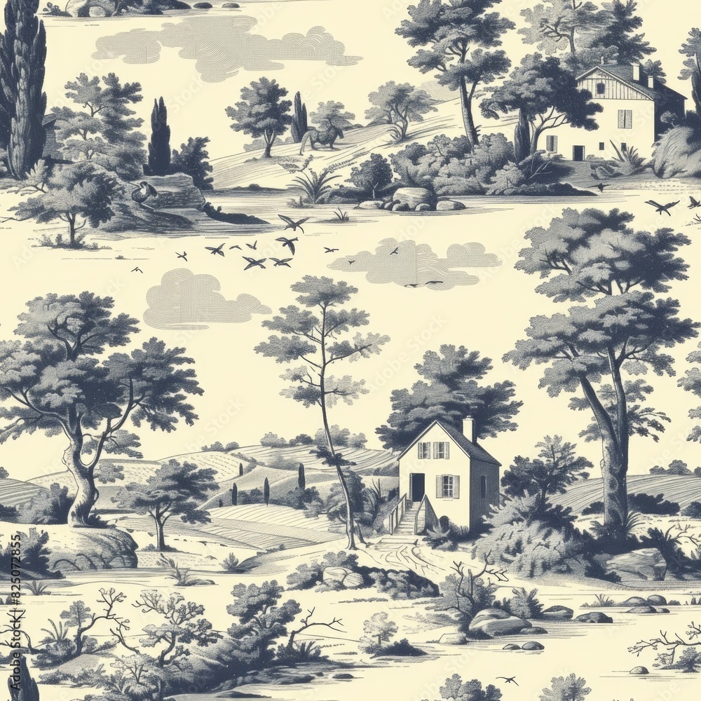 Obraz premium Vintage French Provence Toile de Jouy Seamless Pattern with Countryside Scenes
