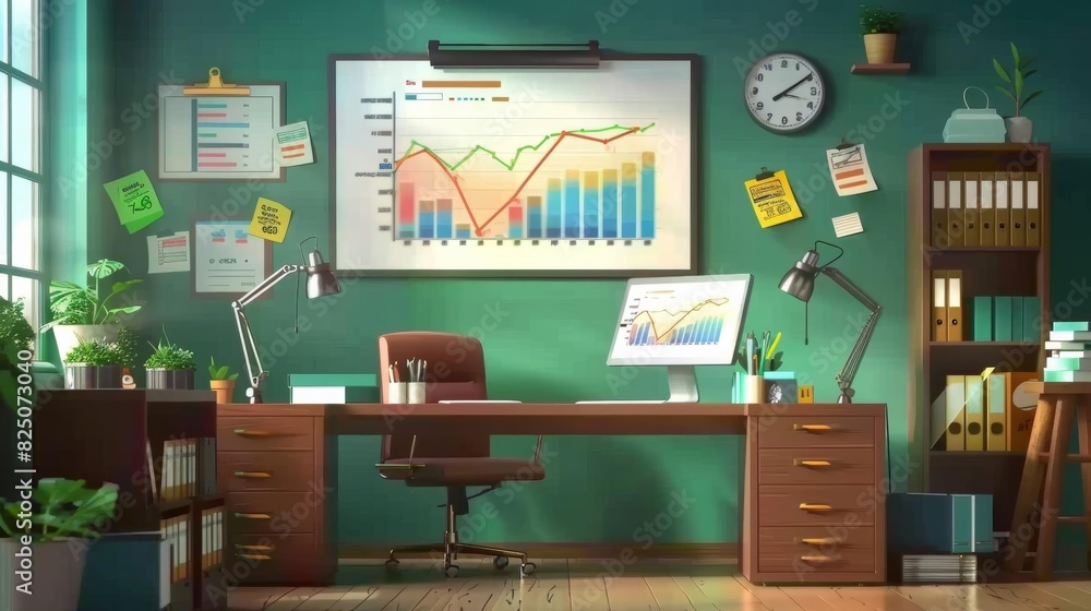 A cheerful 3D illustration depicting a bustling financial analysts desk A cheerful 3D illustration depicting a bustling financial analysts desk