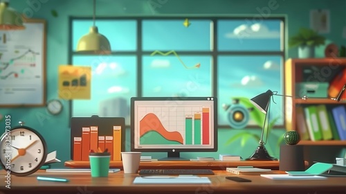 A cheerful 3D illustration depicting a bustling financial analysts desk