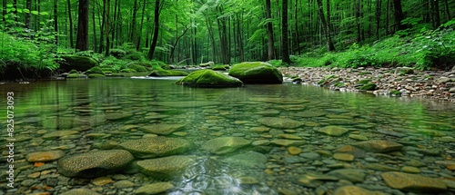 Beautiful landscape of green forest with river and stones in the foreground